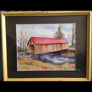 Original watercolor painting Autumn scene framed